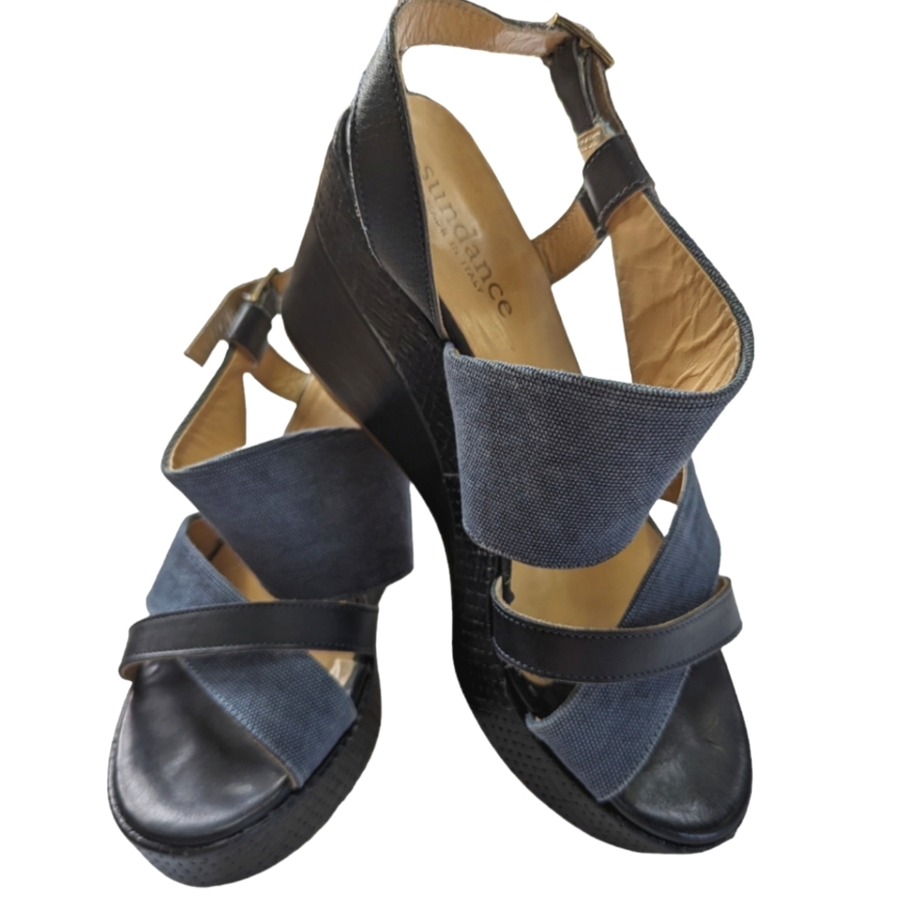 Sundance, Navy and denim blue strappy wedges. Size 38